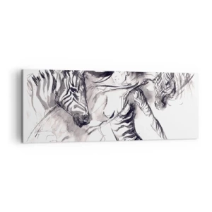 Bild auf Leinwand - Leinwandbild - Eine Frau in einem dynamischen Tanz mit Zebras in einer Schwarz-Weiß-Ästhetik - 140x50cm - Tanzen mit den Zebras - Moderne Wanddekoration für Wohnzimmer und Schlafzimmer ARTTOR