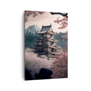 Bild auf Leinwand - Leinwandbild - Ein japanischer Tempel, umgeben von Kirschblüten und Bergen - 70x100cm - Land der Kirschblüten - Moderne Wanddekoration für Wohnzimmer und Schlafzimmer ARTTOR