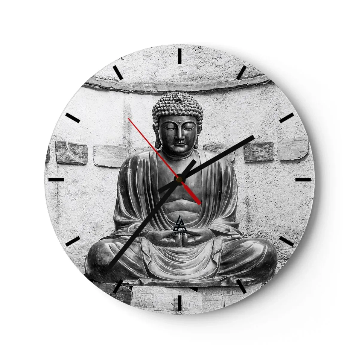 Wanduhr - Glasuhr - Eine Buddha-Statue im monochromen Stil vor einem Wandhintergrund - 30x30cm - An der Quelle des Friedens - Moderne Wanddekoration für Wohnzimmer, Küche und Schlafzimmer ARTTOR