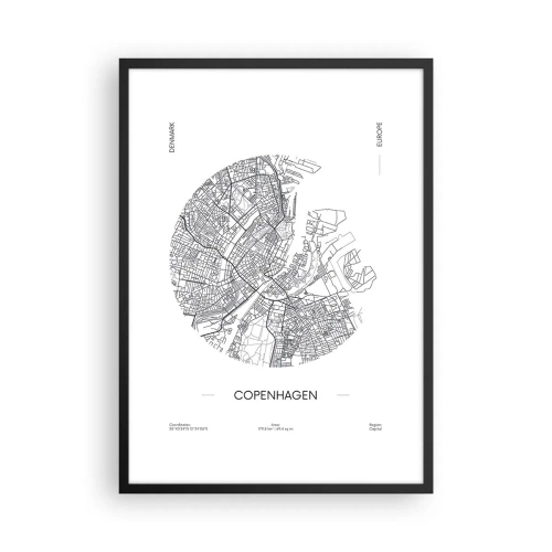 Poster in einem schwarzem Rahmen - Eine minimalistische Karte von Kopenhagen in Schwarzweiß. - 50x70cm - Anatomie von Kopenhagen - Moderne Wanddekoration für Wohnzimmer und Schlafzimmer ARTTOR