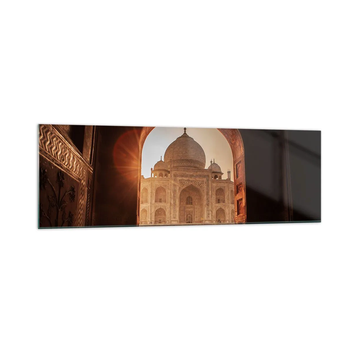 Glasbild - Bild auf glas - Taj Mahal im Sonnenlicht vom Torbogen aus gesehen - 160x50cm - Denkmal der überirdischen Liebe - Moderne Wanddekoration für Wohnzimmer und Schlafzimmer ARTTOR