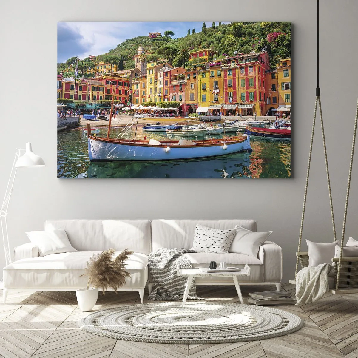 Bild auf Leinwand - Leinwandbild - Bunte Stadthäuser und Boote in einer italienischen Küstenstadt - 70x50cm - Italienischer Morgen - Moderne Wanddekoration für Wohnzimmer und Schlafzimmer ARTTOR