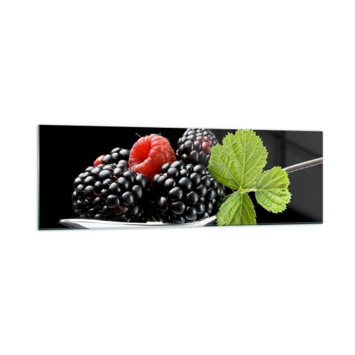 Glasbild - Bild auf glas - Brombeeren und Himbeeren auf einem Löffel mit einem Blatt auf schwarzem Hintergrund - 160x50cm - Der Geschmack der Frische - Moderne Wanddekoration für Wohnzimmer und Schlafzimmer ARTTOR