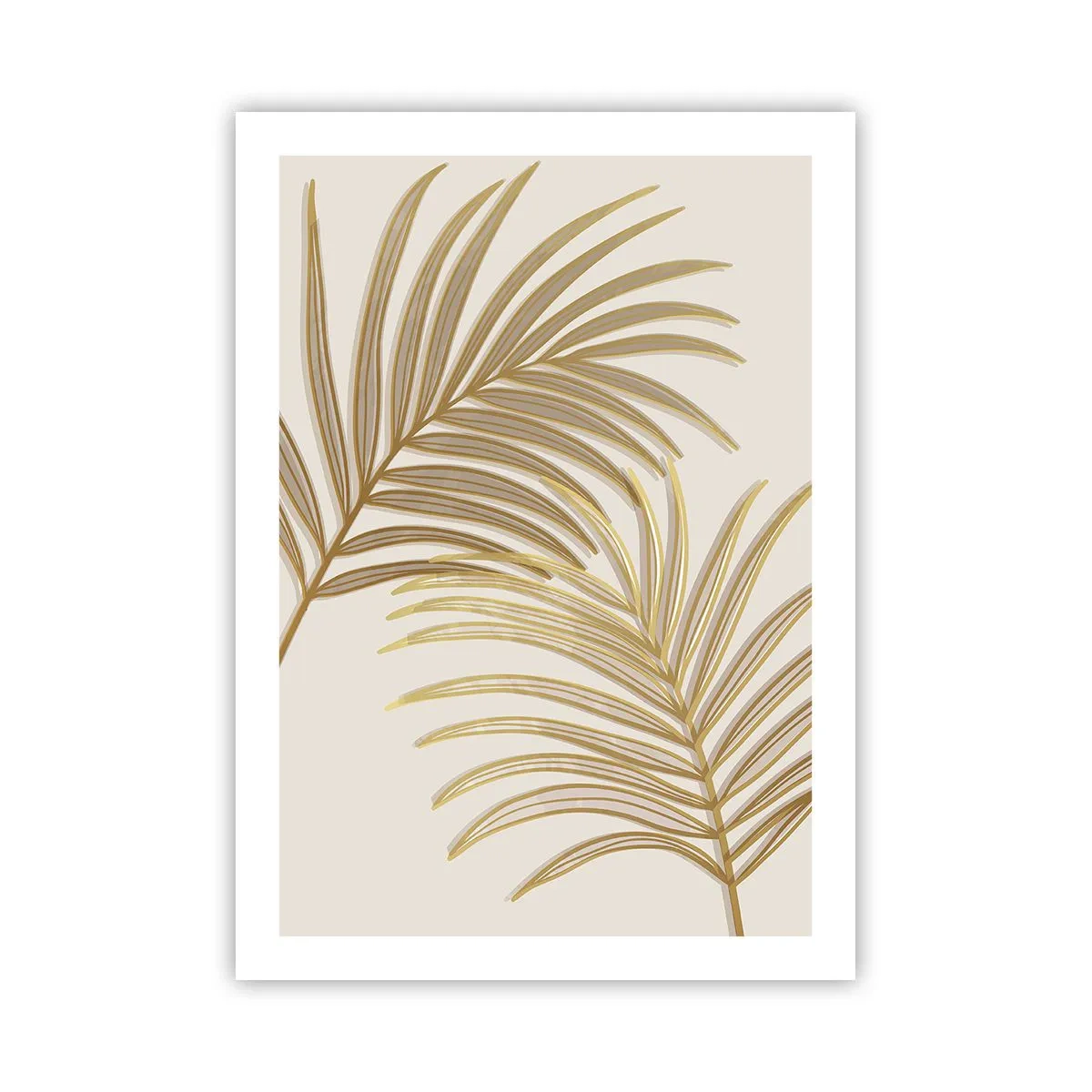 Poster - Goldene Palmblätter im minimalistischen Stil auf hellem Hintergrund - 50x70cm - Goldene Palme! - Moderne Wanddekoration für Wohnzimmer und Schlafzimmer ARTTOR