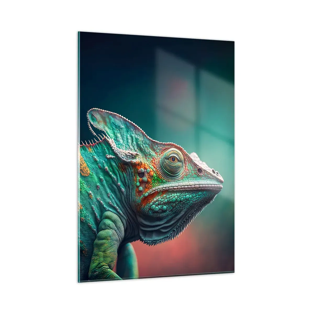 Glasbild - Bild auf glas - Ein buntes Chamäleon vor unscharfem Hintergrund bei intensivem Licht. - 50x70cm - Siehst du mich? Nicht gut… - Moderne Wanddekoration für Wohnzimmer und Schlafzimmer ARTTOR