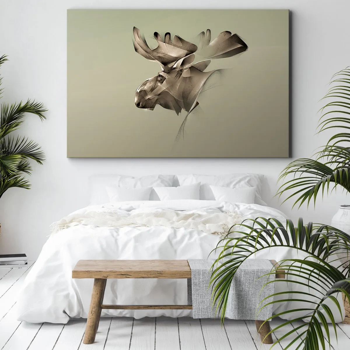 Bild auf Leinwand - Leinwandbild - Ein abstraktes Bild eines Elches auf einem minimalistischen Hintergrund - 120x80cm - Die sanfte Kraft des Friedens - Moderne Wanddekoration für Wohnzimmer und Schlafzimmer ARTTOR