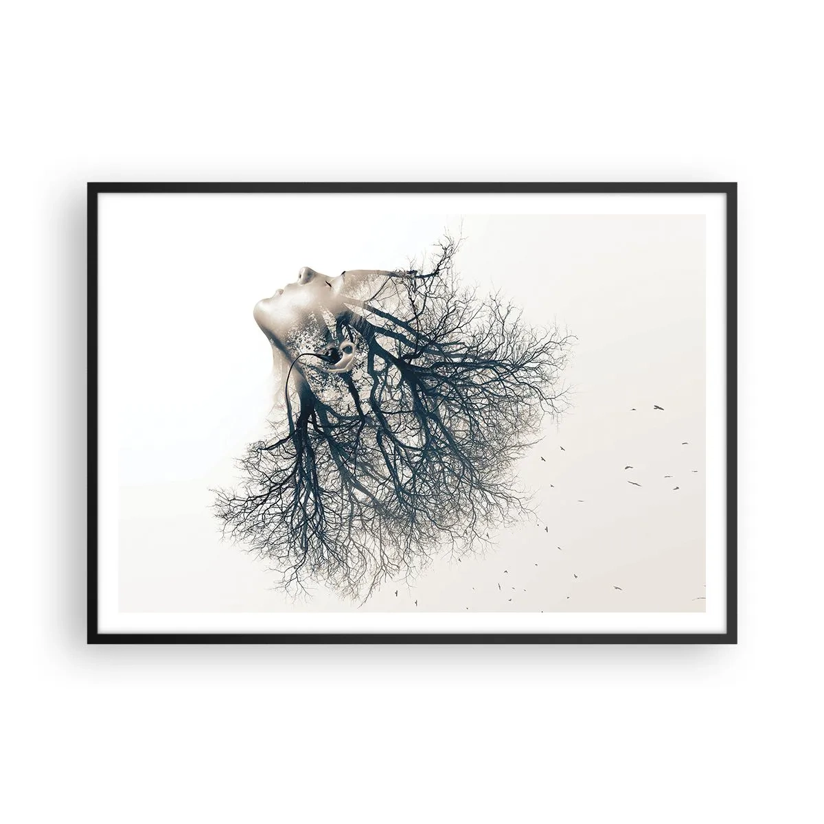 Poster in einem schwarzem Rahmen - Kreative Silhouette einer Frau und Bäume - 100x70cm - Dem Rauschen der Bäume lauschen - Moderne Wanddekoration für Wohnzimmer und Schlafzimmer ARTTOR