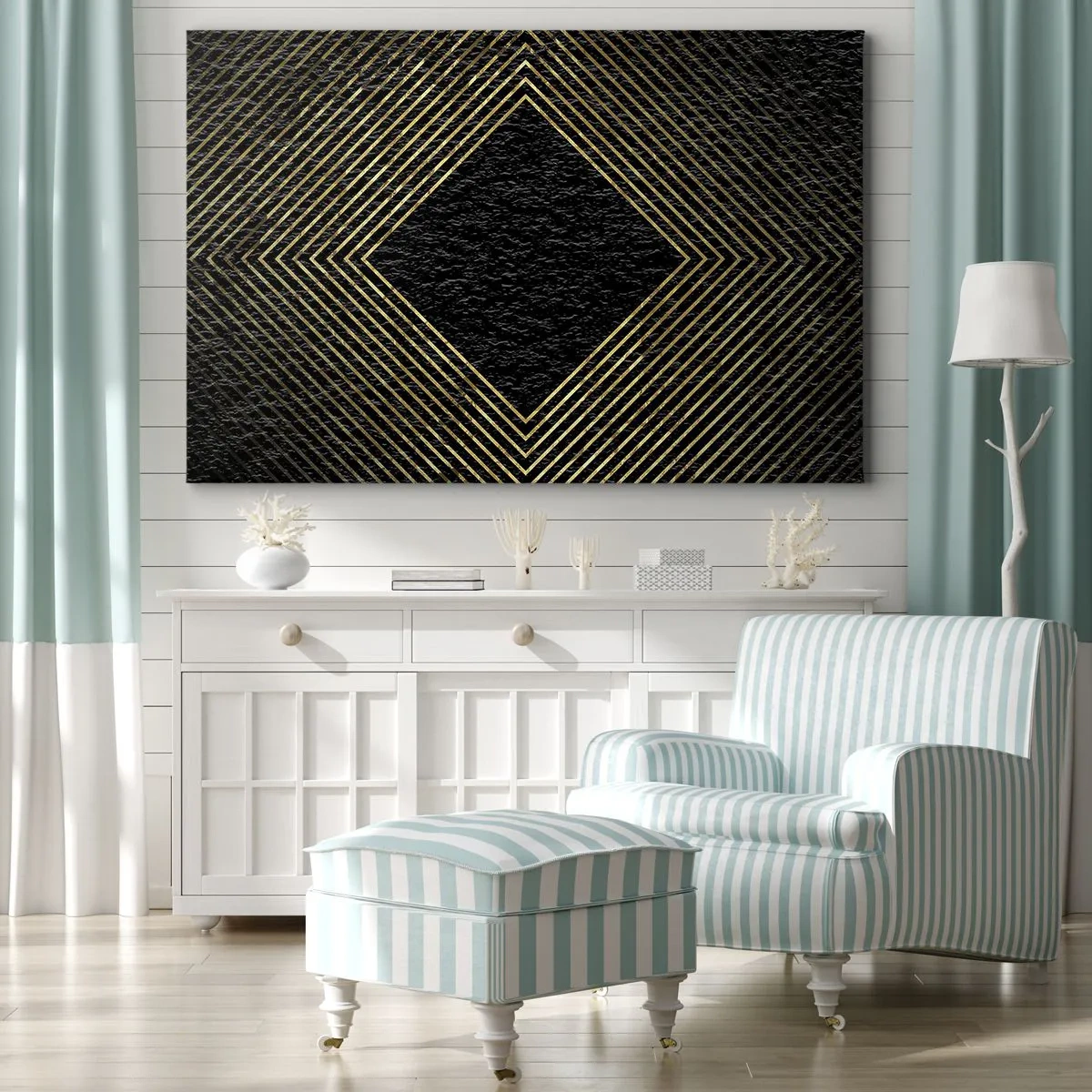 Bild auf Leinwand - Leinwandbild - Schwarzer Hintergrund mit einem geometrischen Muster aus goldenen Linien - 120x80cm - Geometrie im glamourösen Stil - Moderne Wanddekoration für Wohnzimmer und Schlafzimmer ARTTOR