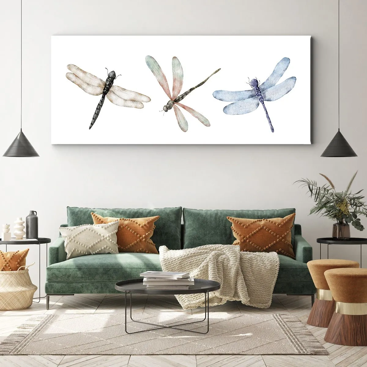 Bild auf Leinwand - Leinwandbild - Drei Libellen in zarten Pastellfarben - 120x50cm - Schwerelose Libellen - Moderne Wanddekoration für Wohnzimmer und Schlafzimmer ARTTOR