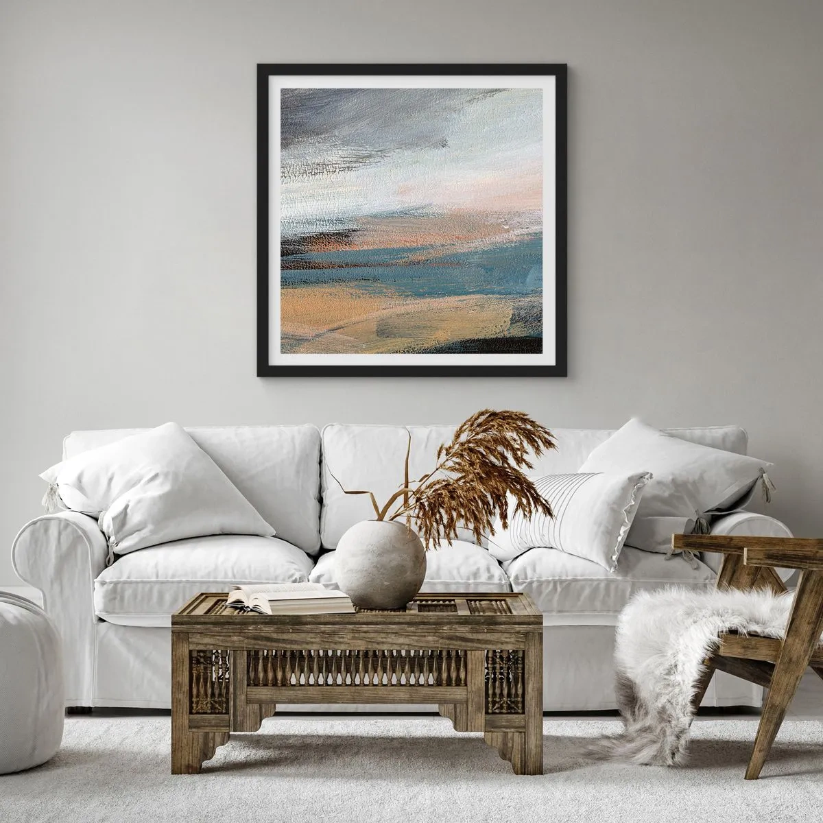 Poster in einem schwarzem Rahmen - Abstraktion: nördliche Landschaft - 30x30 cm