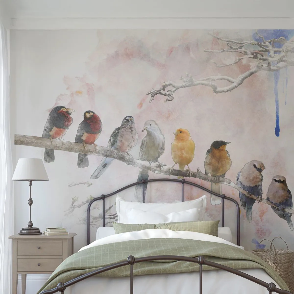 Fototapete Premium Sand - Aquarellvögel sitzen auf einem Ast in Pastellfarben - 100x70cm - Geflügeltes Treffen - Moderne Wanddekoration für Wohnzimmer und Schlafzimmer ARTTOR
