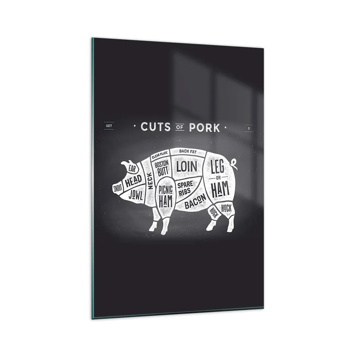 Glasbild - Bild auf glas - Diagramm von Schweinefleischstücken auf schwarzem Hintergrund - 80x120cm - Metzger Grundierung - Moderne Wanddekoration für Wohnzimmer und Schlafzimmer ARTTOR