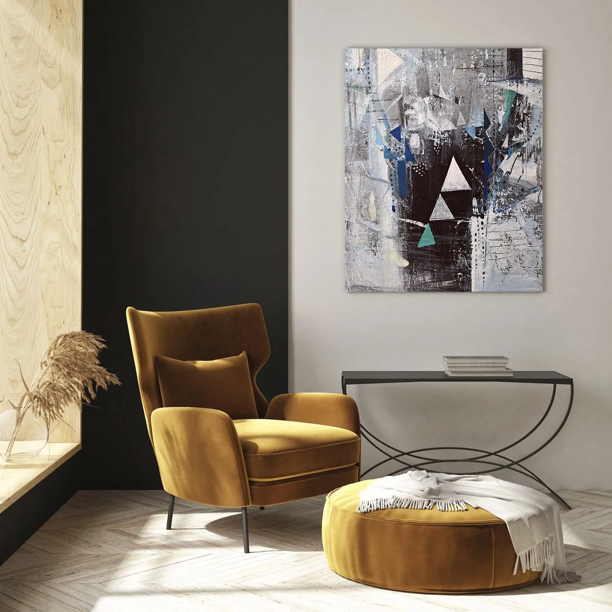 Glasbild - Bild auf glas - Geometrische Dreiecke vor dem Hintergrund einer abstrakten Komposition in Grautönen. - 50x70cm - Überschreibende Reihenfolge der Dreiecke - Moderne Wanddekoration für Wohnzimmer und Schlafzimmer ARTTOR