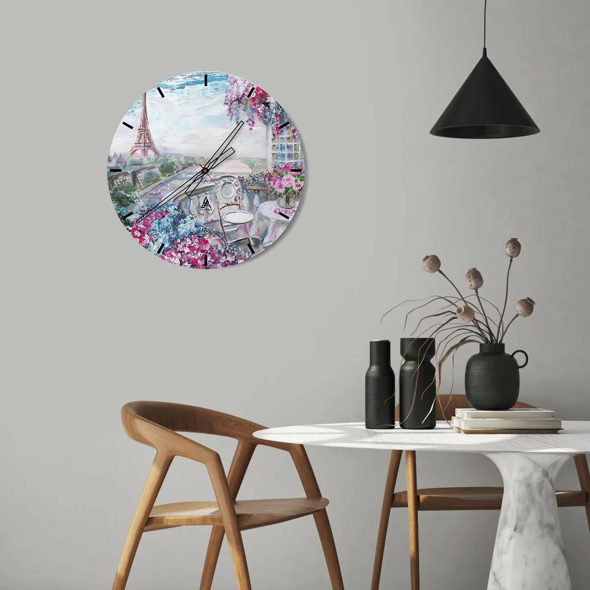 Wanduhr - Glasuhr - Malerischer Blick auf den Eiffelturm von der blumengeschmückten Terrasse - 30x30cm - Am schönsten ist es hier im Mai - Moderne Wanddekoration für Wohnzimmer, Küche und Schlafzimmer ARTTOR