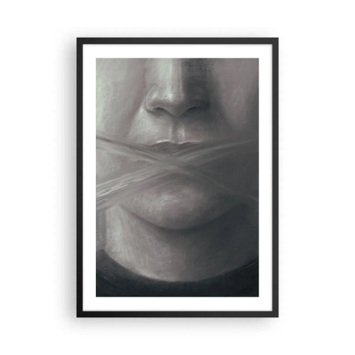 Poster in einem schwarzem Rahmen - Ein symbolisches Gesicht mit bedecktem Mund in monochromen Farben. - 50x70cm - Ohne ein Wort - Moderne Wanddekoration für Wohnzimmer und Schlafzimmer ARTTOR
