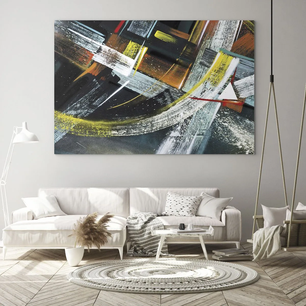 Glasbild - Bild auf glas - Dynamische Abstraktion mit bunten Pinselstrichen - 120x80cm - Energie der Bewegung - Moderne Wanddekoration für Wohnzimmer und Schlafzimmer ARTTOR