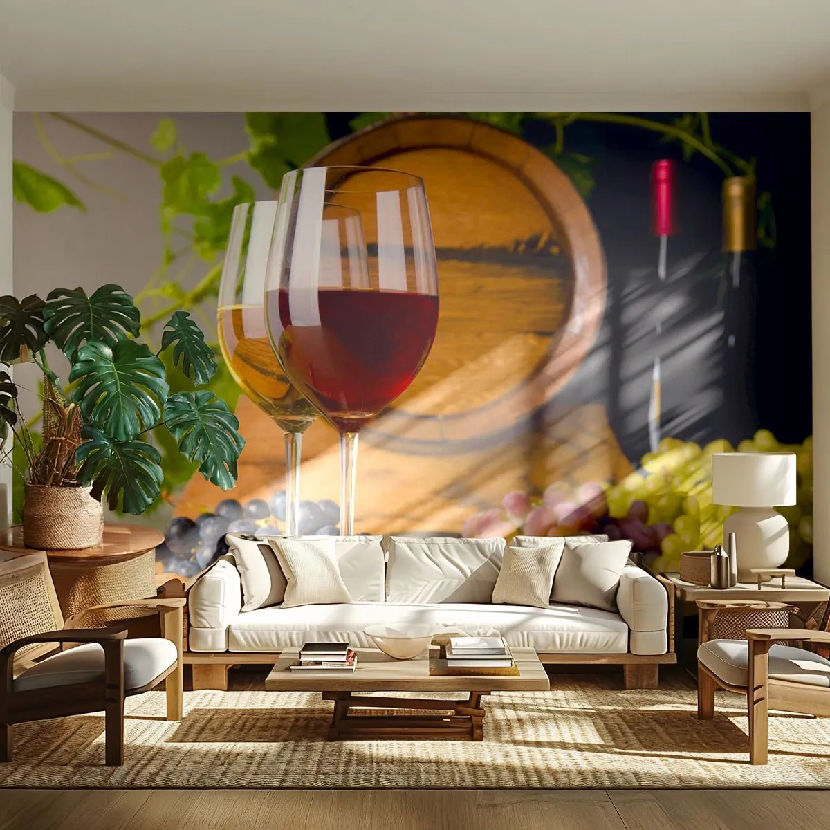 Fototapete Premium Sand - Gläser Rot- und Weißwein mit einem Fass und Trauben - 100x70cm - Wie die alten Meister - Moderne Wanddekoration für Wohnzimmer und Schlafzimmer ARTTOR