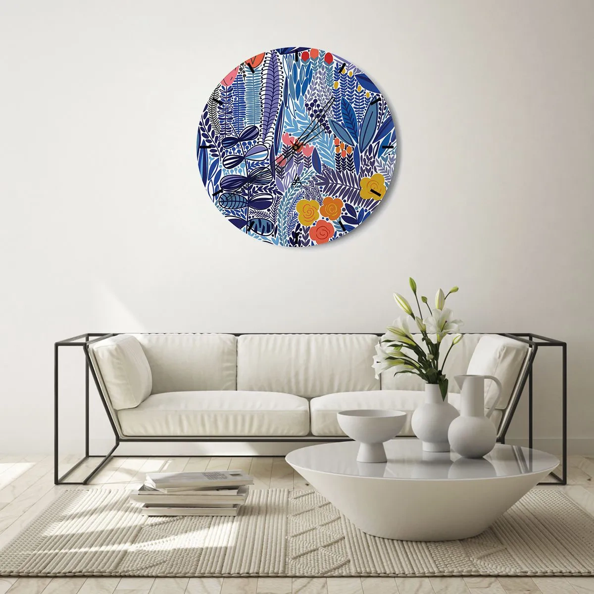 Wanduhr - Glasuhr - Farbenfrohes Pflanzenmotiv im grafischen Stil - 30x30cm - Hawaiianischer Garten - Moderne Wanddekoration für Wohnzimmer, Küche und Schlafzimmer ARTTOR