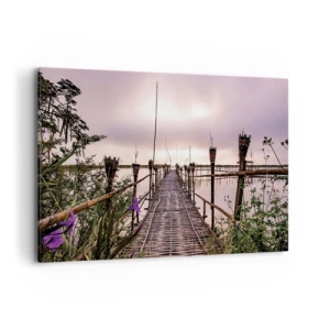 Bild auf Leinwand - Leinwandbild - Bambusbrücke über das Wasser im Morgengrauen - 120x80cm - Frieden und Ruhe Asiens - Moderne Wanddekoration für Wohnzimmer und Schlafzimmer ARTTOR