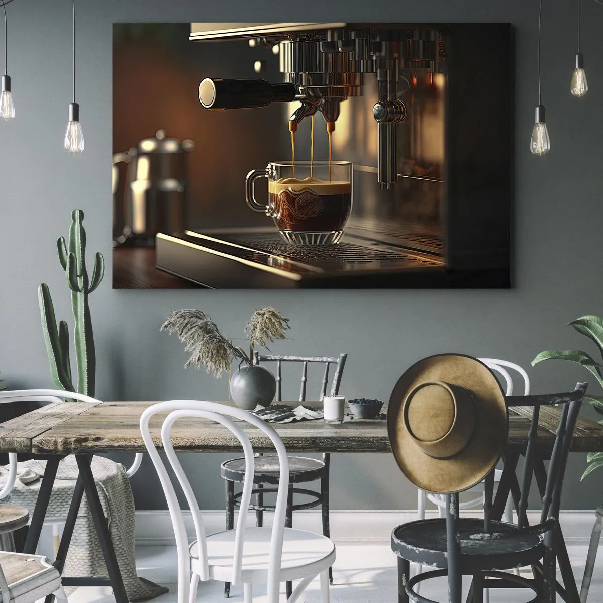 Bild auf Leinwand - Leinwandbild - Kaffeemaschine mit einer Tasse aromatischem Espresso - 120x80cm - Sinnliche Mischung - Moderne Wanddekoration für Wohnzimmer und Schlafzimmer ARTTOR