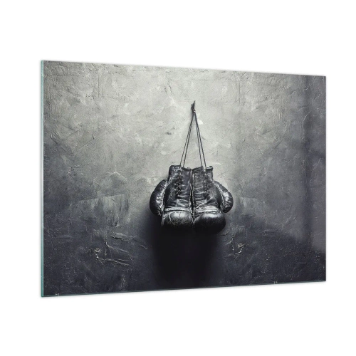Glasbild - Bild auf glas - Schwarze Boxhandschuhe hängen an der Wand - 100x70cm - Zeit des Kampfes und Zeit des Friedens - Moderne Wanddekoration für Wohnzimmer und Schlafzimmer ARTTOR