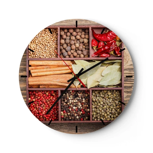 Wanduhr - Glasuhr - Gewürze in Holzfächern - 30x30cm - Ordnung der Formen, Bouquet von Aromen - Moderne Wanddekoration für Wohnzimmer, Küche und Schlafzimmer ARTTOR