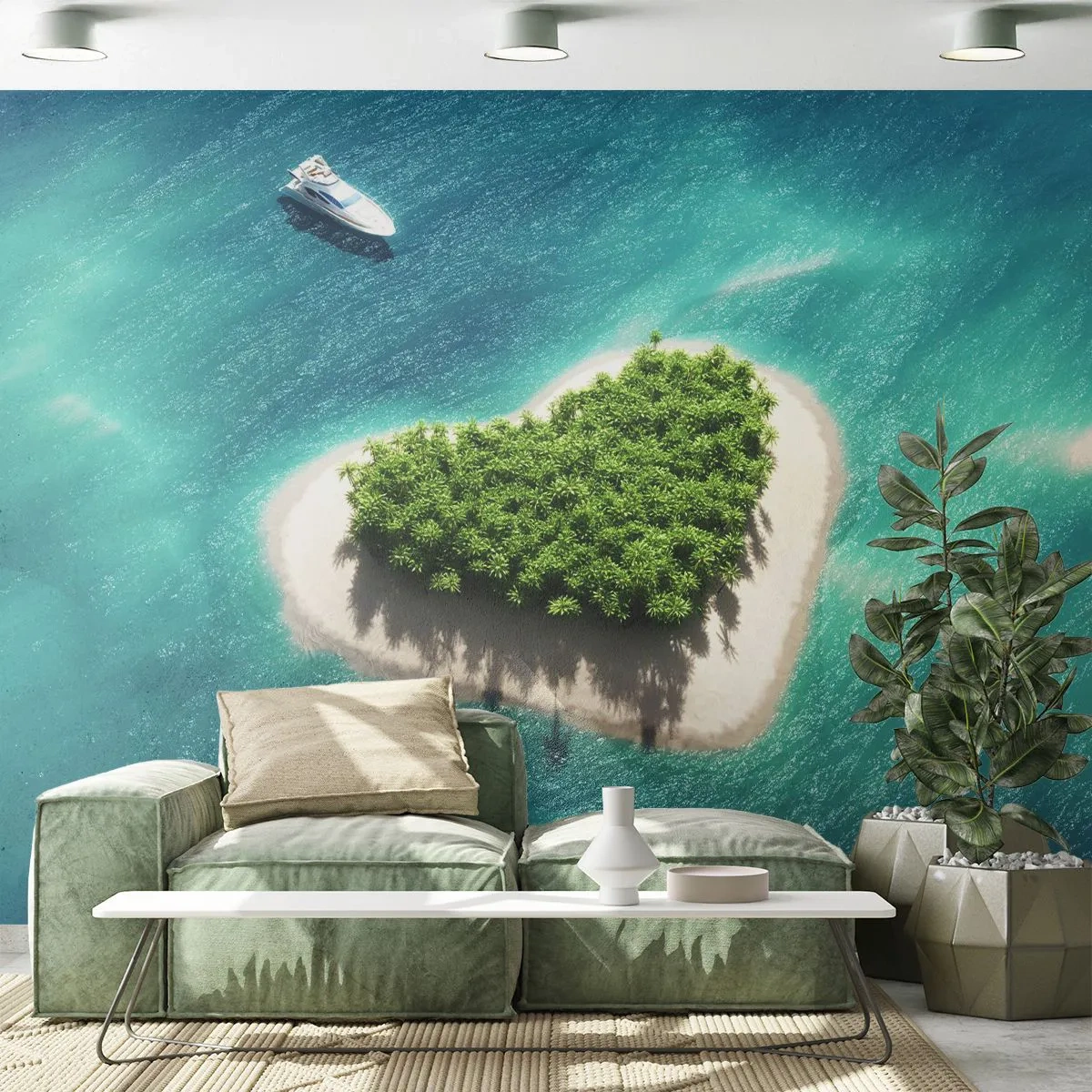 Selbstklebende Fototapete Deluxe Sticker - ich liebe Sommer - Landschaft, Insel im Ozean, Yacht - 100x70 cm