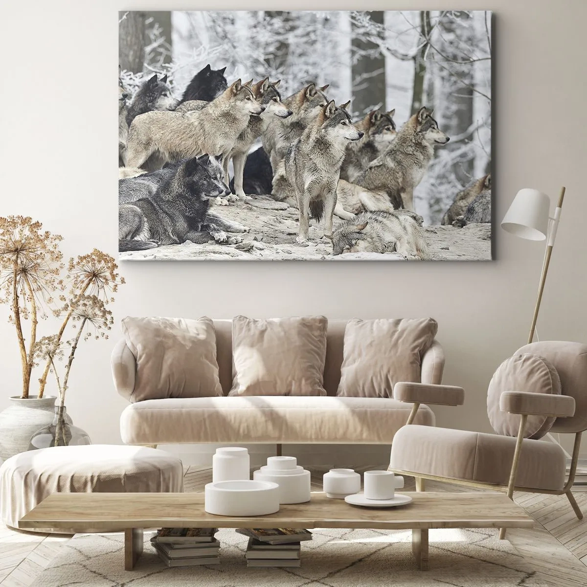 Bild auf Leinwand - Leinwandbild - Ein Wolfsrudel im Winterwald - 120x80cm - Familie und Freunde - Moderne Wanddekoration für Wohnzimmer und Schlafzimmer ARTTOR