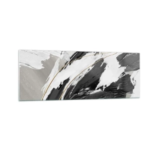Glasbild - Bild auf glas - Schwarze und weiße Pinselstriche mit einem subtilen goldenen Akzent - 140x50cm - Abstraktion in großem Stil - Moderne Wanddekoration für Wohnzimmer und Schlafzimmer ARTTOR
