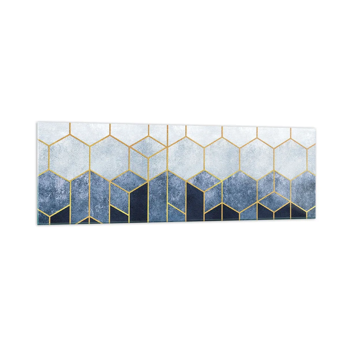 Glasbild - Bild auf glas - Geometrisches Muster in Gold- und Marineblautönen - 160x50cm - Komposition im synkopischen Rhythmus - Moderne Wanddekoration für Wohnzimmer und Schlafzimmer ARTTOR