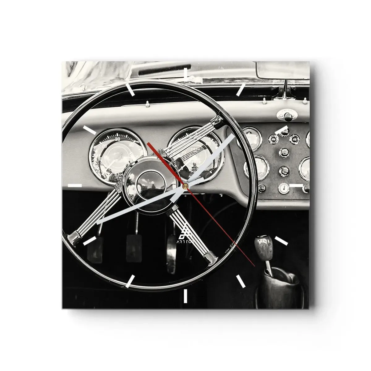 Wanduhr - Glasuhr - Schwarz-weißes Oldtimer-Interieur - 30x30cm - Ein Sammlertraum - Moderne Wanddekoration für Wohnzimmer und Schlafzimmer ARTTOR