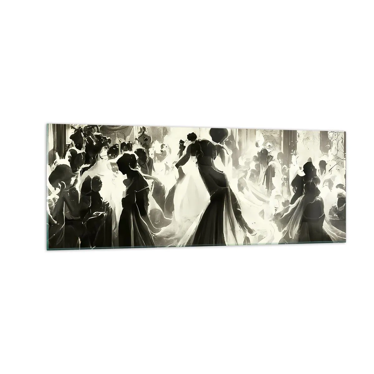 Glasbild - Bild auf glas - Ball im Retro-Stil in Schwarz und Weiß - 140x50cm - Die große Maskerade - Moderne Wanddekoration für Wohnzimmer und Schlafzimmer ARTTOR