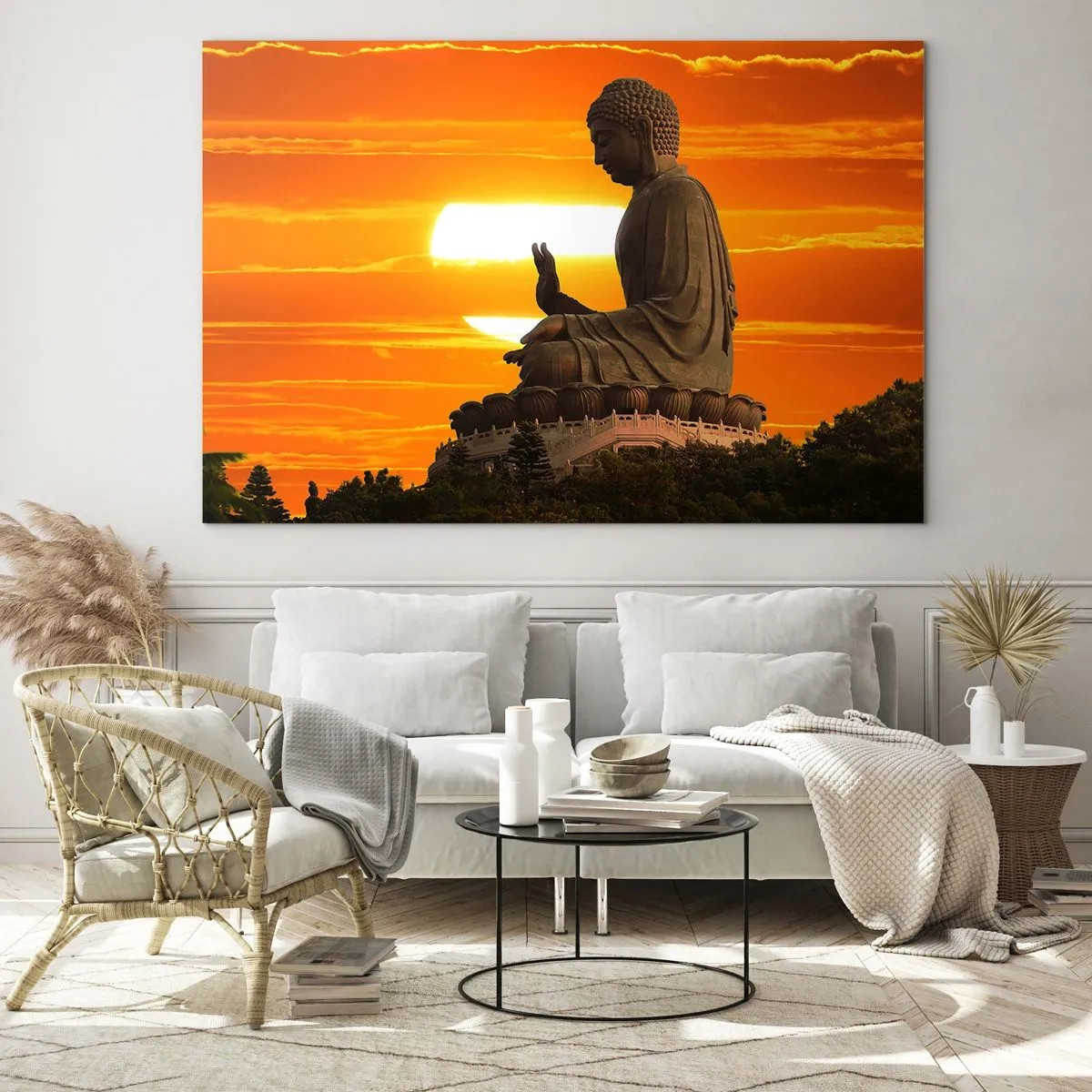 Glasbild - Bild auf glas - Buddha-Statue vor dem Hintergrund der untergehenden Sonne - 70x50cm - Keine Angst vor der Welt - Moderne Wanddekoration für Wohnzimmer und Schlafzimmer ARTTOR
