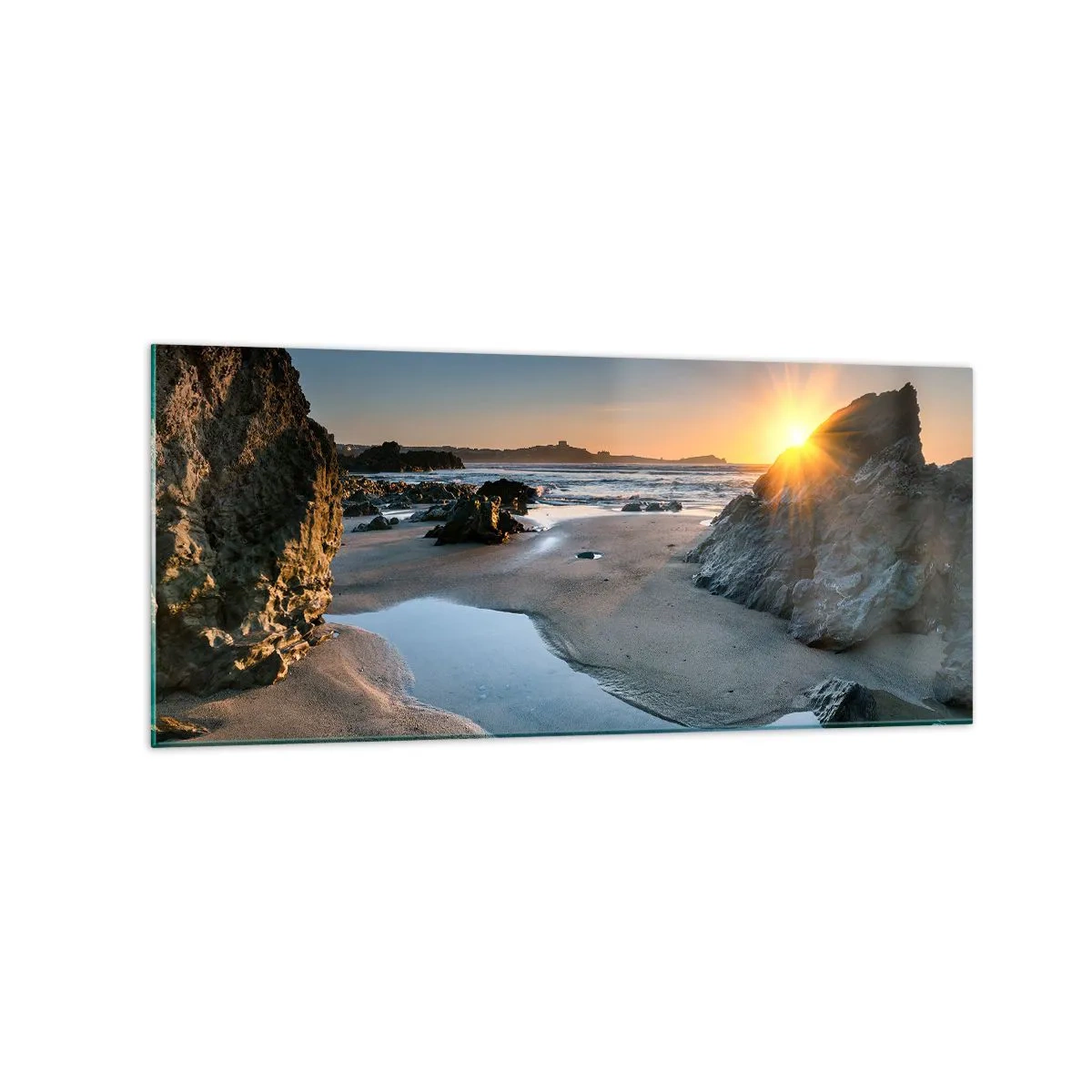 Glasbild - Bild auf glas - Malerischer Sonnenuntergang an einem felsigen Strand - 120x50cm - Unberührt von menschlicher Hand - Moderne Wanddekoration für Wohnzimmer und Schlafzimmer ARTTOR