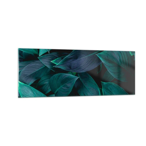Glasbild - Bild auf glas - Nahaufnahme von grünen Blättern mit dunklem Hintergrund - 140x50cm - Grün in sich selbst - Moderne Wanddekoration für Wohnzimmer und Schlafzimmer ARTTOR