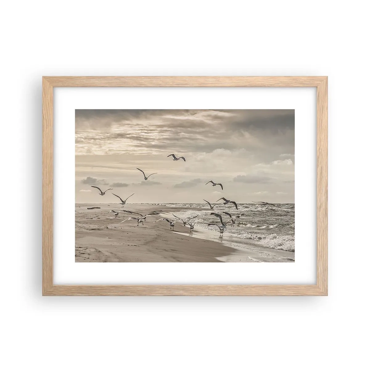 Poster in einem Rahmen aus heller Eiche - Meeresrauschen, Vogelgesang - 40x30 cm