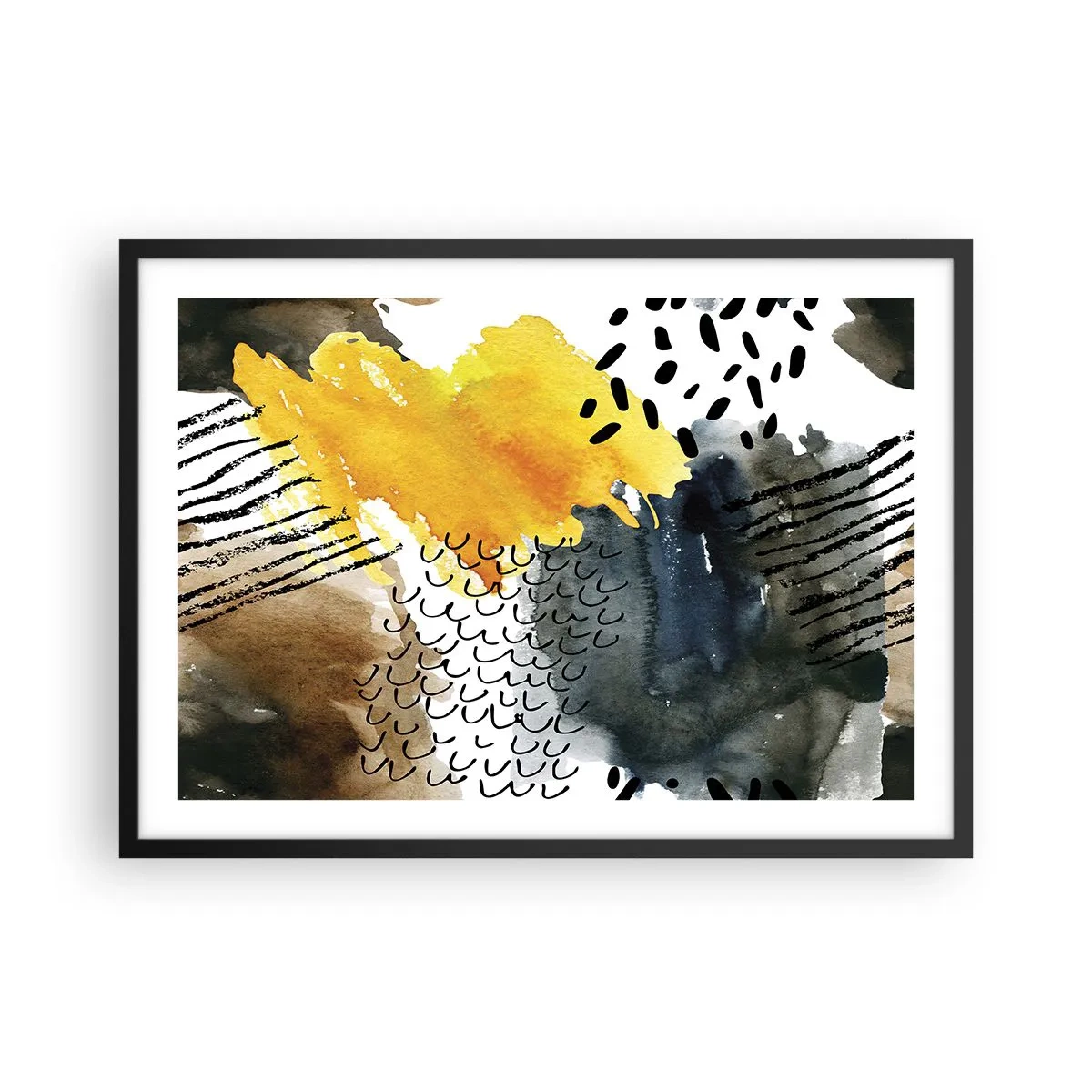 Poster in einem schwarzem Rahmen - Eine abstrakte Komposition mit gelben Akzenten und grafischen Mustern. - 70x50cm - Ein Treffen der Elemente der Natur - Moderne Wanddekoration für Wohnzimmer und Schlafzimmer ARTTOR