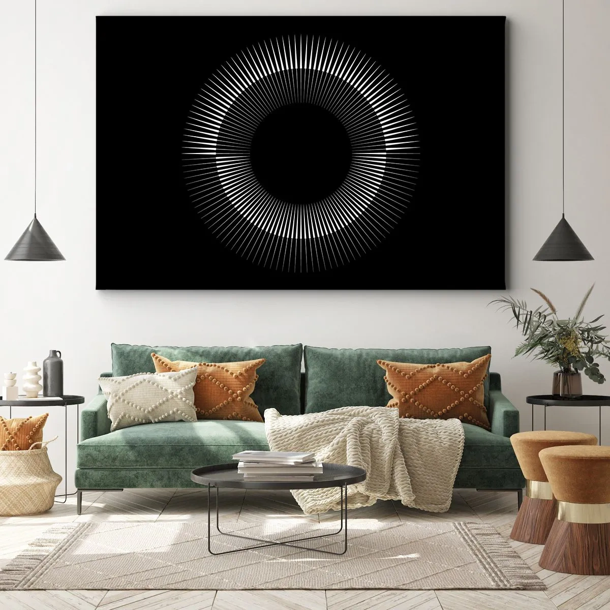 Bild auf Leinwand - Leinwandbild - Grafischer Kreis mit Strahlen in Schwarz und Weiß - 120x80cm - Schwarze Sonne - Moderne Wanddekoration für Wohnzimmer und Schlafzimmer ARTTOR