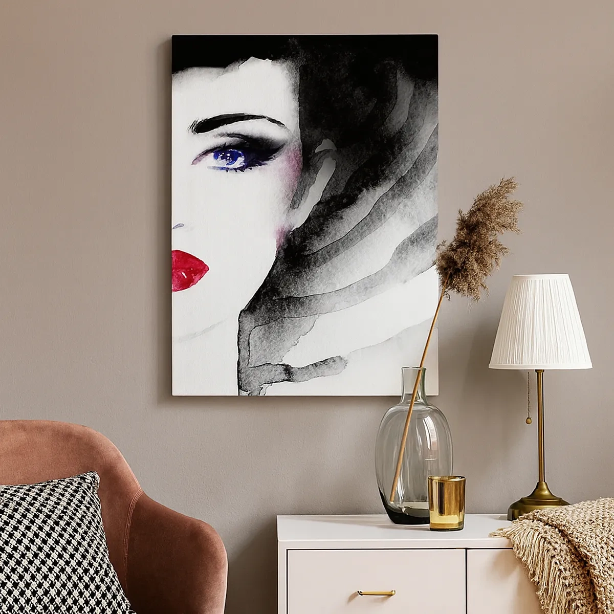 Bild auf Leinwand - Leinwandbild - Porträt einer Frau mit roten Lippen und intensiven blauen Augen - 50x70cm - Er drückt zurück und ruft an - Moderne Wanddekoration für Wohnzimmer und Schlafzimmer ARTTOR