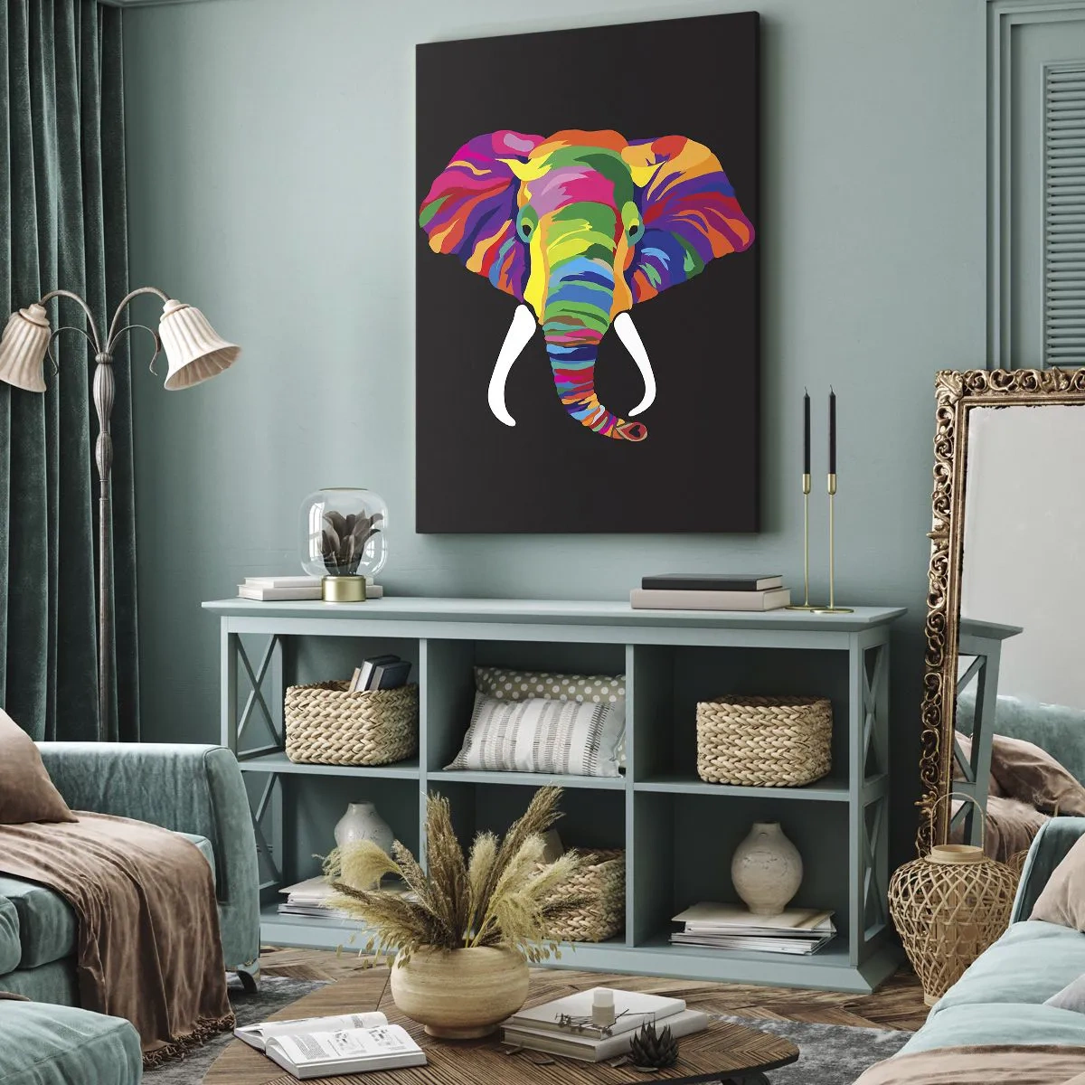 Bild auf Leinwand - Leinwandbild - Der Elefant, der es liebte, im Regenbogen zu baden - 65x120 cm