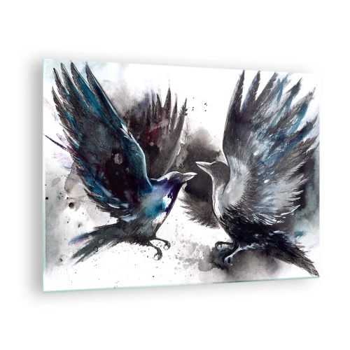 Glasbild - Bild auf glas - Zwei Raben in dynamischer Pose mit ausgebreiteten Flügeln - 70x50cm - Rabe zum Raben ... - Moderne Wanddekoration für Wohnzimmer und Schlafzimmer ARTTOR