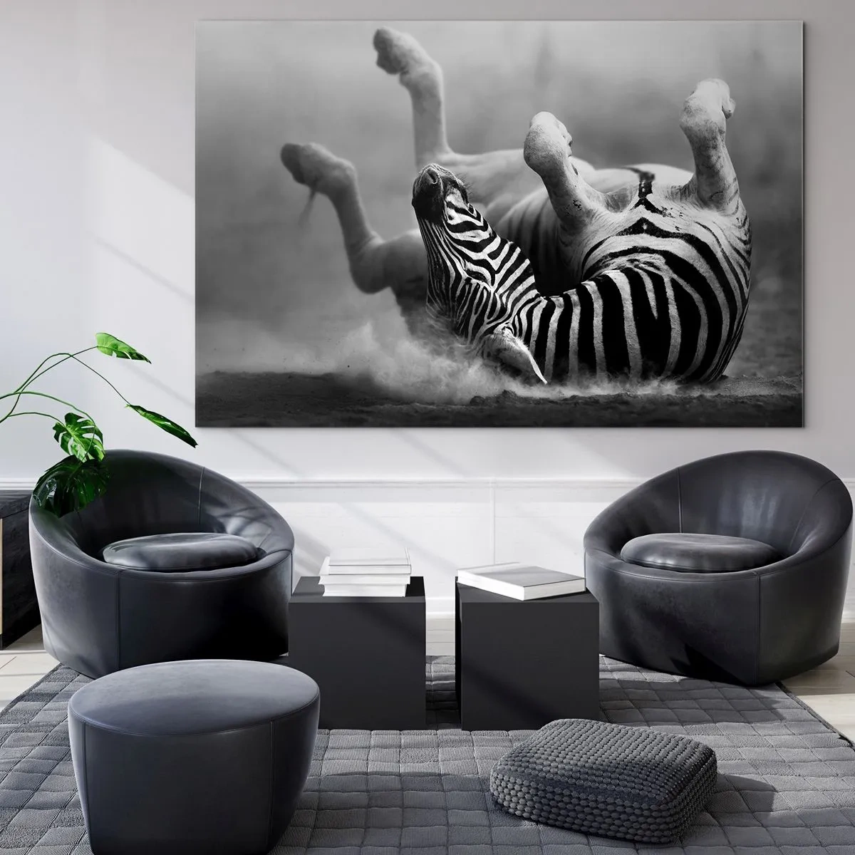 Glasbild - Bild auf glas - Ein liegendes Zebra in der afrikanischen Savanne - 120x80cm - Nicht nur das Pferd würde lachen - Moderne Wanddekoration für Wohnzimmer und Schlafzimmer ARTTOR