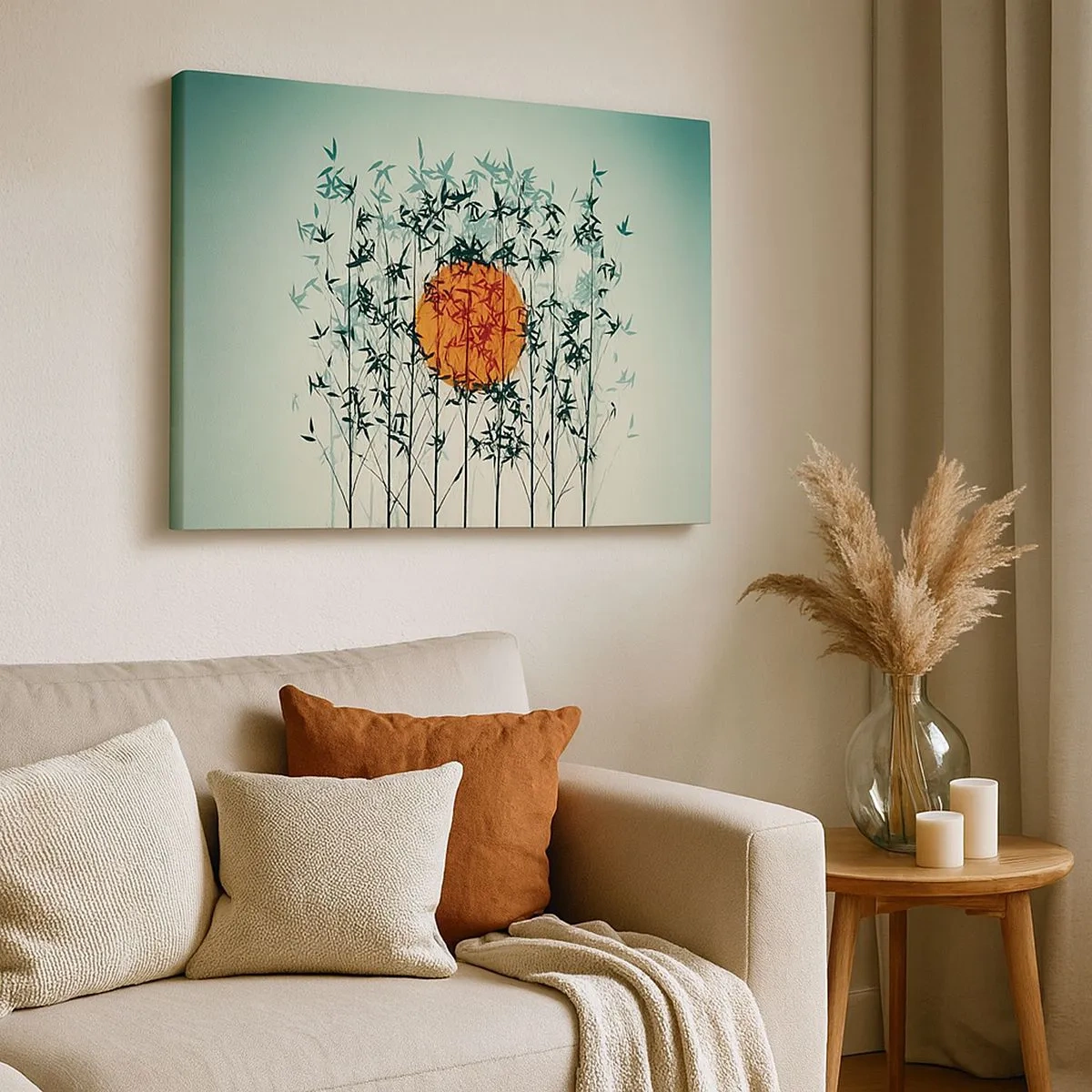 Bild auf Leinwand - Leinwandbild - Orange Sonne zwischen den Bambuszweigen - 70x50cm - Japanische Sonne - Moderne Wanddekoration für Wohnzimmer und Schlafzimmer ARTTOR