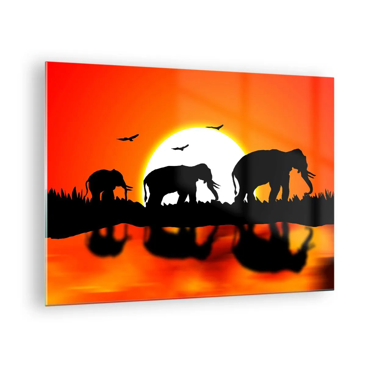 Glasbild - Bild auf glas - Silhouetten von Elefanten vor der untergehenden Sonne - 70x50cm - Und abends einen kleinen Drink trinken - Moderne Wanddekoration für Wohnzimmer und Schlafzimmer ARTTOR