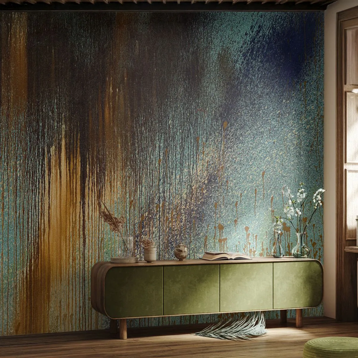 Fototapete Standard Eco - Abstrakte Komposition in Gold und Türkis - 100x70cm - Eine nicht zufällige farbenfrohe Komposition - Moderne Wanddekoration für Wohnzimmer und Schlafzimmer ARTTOR