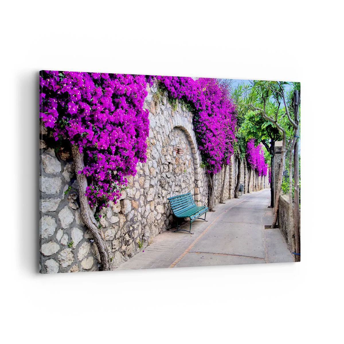 Bild auf Leinwand - Leinwandbild - Ein Steinweg mit einer Bank und blühenden lila Blumen - 100x70cm - Lass uns so schnell wie möglich treffen - Moderne Wanddekoration für Wohnzimmer und Schlafzimmer ARTTOR