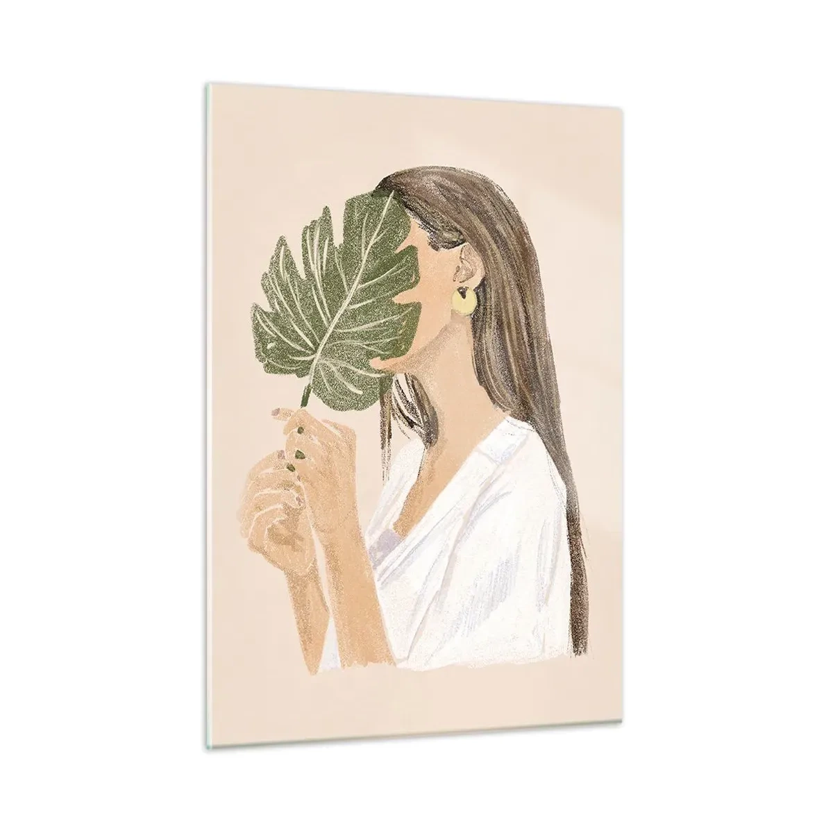 Glasbild - Bild auf glas - Eine Frau mit langen Haaren hält ein Blatt vor ihr Gesicht. - 50x70cm - Geheimnisvolles Porträt mit Fächer - Moderne Wanddekoration für Wohnzimmer und Schlafzimmer ARTTOR