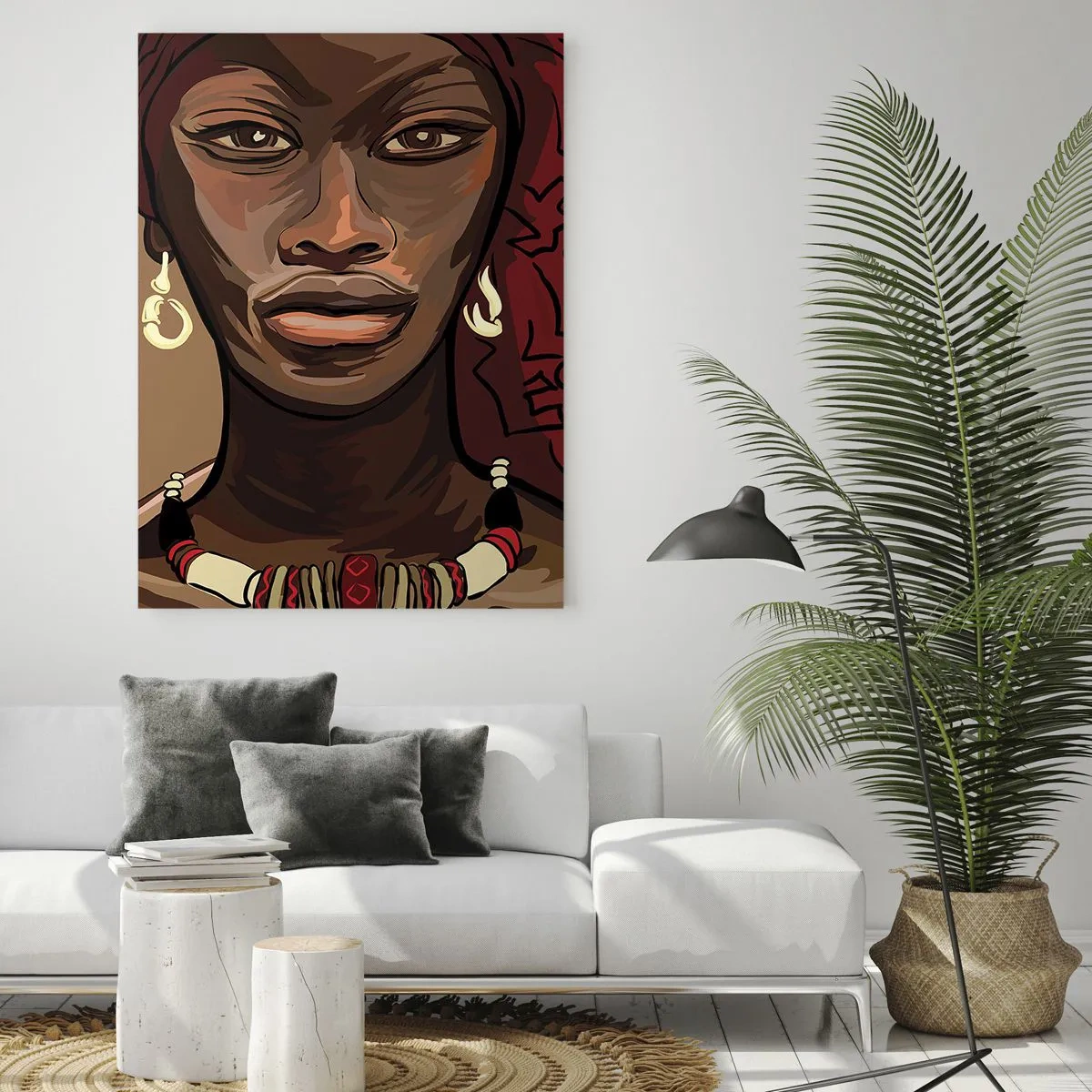 Glasbild - Bild auf glas - Stilisiertes Porträt einer Frau mit rotem Turban und Schmuck. - 50x70cm - Venus aus Ebenholz - Moderne Wanddekoration für Wohnzimmer und Schlafzimmer ARTTOR