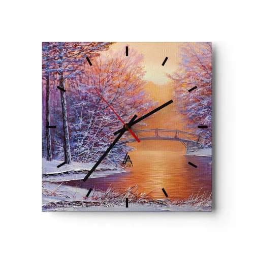 Wanduhr - Glasuhr - Winterlandschaft mit Brücke und Sonnenuntergang - 30x30cm - Treffen wir uns hier - Moderne Wanddekoration für Wohnzimmer und Schlafzimmer ARTTOR