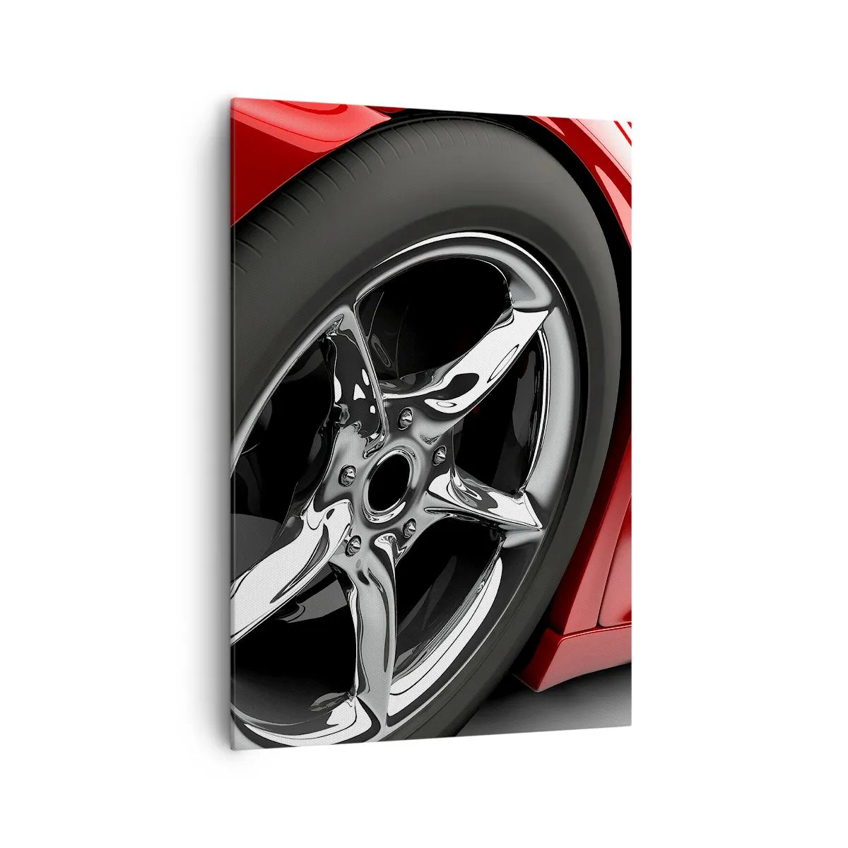 Bild auf Leinwand - Leinwandbild - Roter Sportwagen mit Chromfelge - 70x100cm - Für Schnelligkeit gebaut - Moderne Wanddekoration für Wohnzimmer und Schlafzimmer ARTTOR